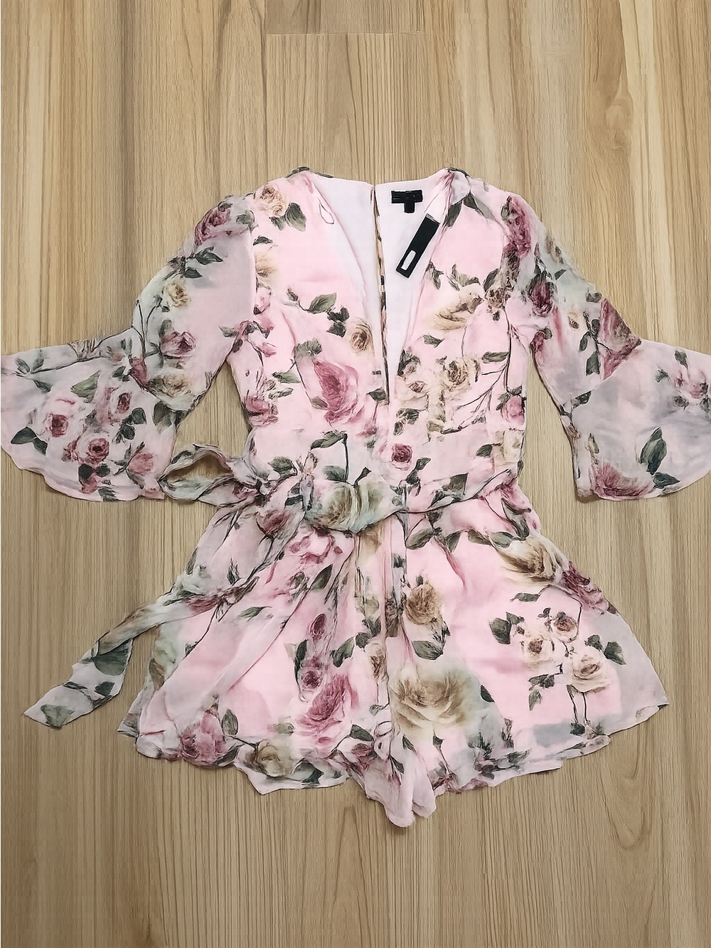 Miss Avenue Pink Floral V-Neck Romper with Waist Tie - Picture 2 of 6